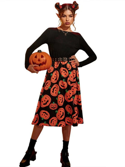 Dress woman – Midi length – A-line cut – Belt at the waist – Long-sleeved with print