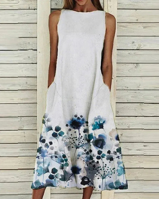 Dress for Women – Sleeveless Midi Length – Relaxed Fit – Breathable Fabric – Floral Details