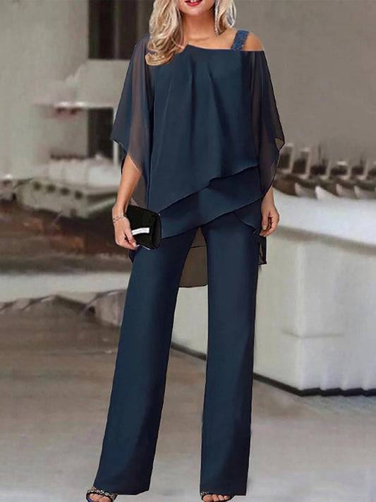 Women's Two-piece Set – Off-shoulder Top with Layered Design – Wide Full-length Pants – Breathable Fabric