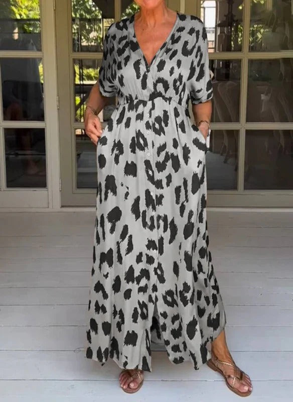 Dress for Women – Midi Length – Relaxed Fit – V-Neck – Tie Details – Floral Print