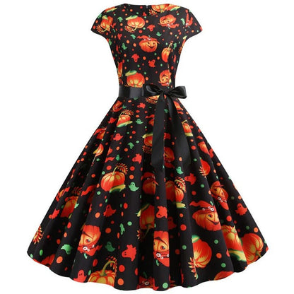 Dress woman – A-line fit – Short sleeve – Belt at the waist – Festive pattern