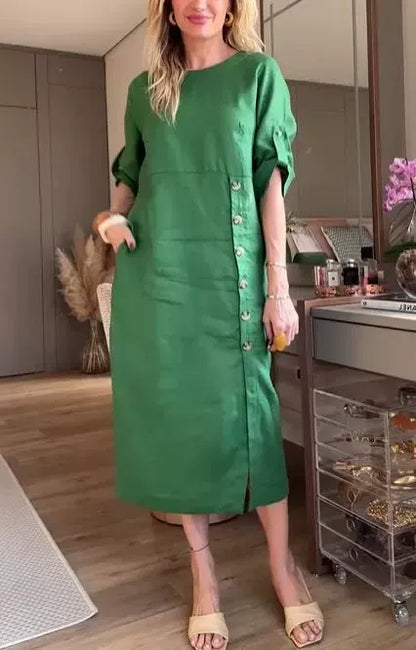 Women's Midi Dress – Relaxed Fit – Linen Cotton – Short Sleeves – Side Buttons