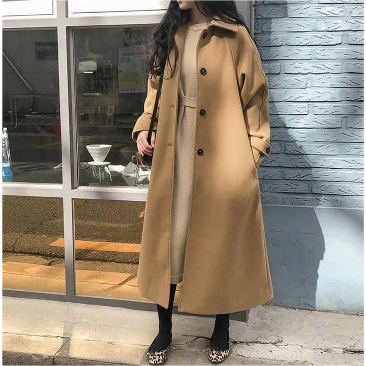 Women's Trench Coat – Wool Blend – Relaxed Fit – Double-Breasted – Full Length