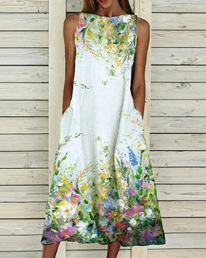 Dress for Women – Sleeveless Midi Length – Relaxed Fit – Breathable Fabric – Floral Details