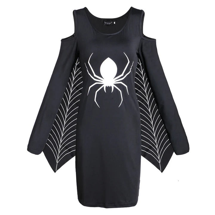 Dress for Women – A-line Fit – Cut-out Shoulders – Spider Print – Mesh Sleeves