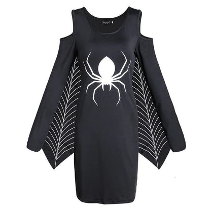 Dress for Women – A-line Fit – Cut-out Shoulders – Spider Print – Mesh Sleeves