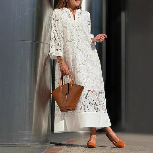 Dress for Women – Mid-length Lace – Loose Fit – V-neckline – Long Sleeves