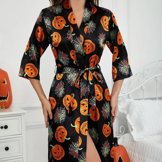 Women's Robe – Satin Finish – Wrap Model – Knee Length – 3/4 Sleeves – Halloween Pattern