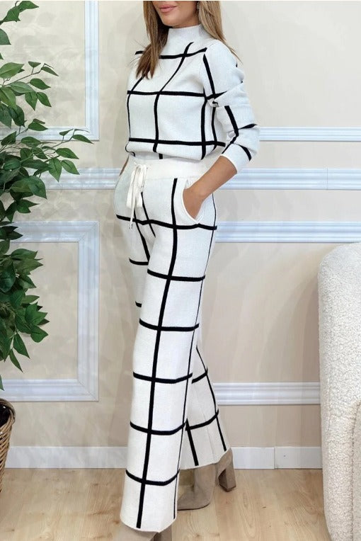 Women's Two-Piece Set – Knitted Check Pattern – Relaxed Fit – Wide Legs – Drawstring