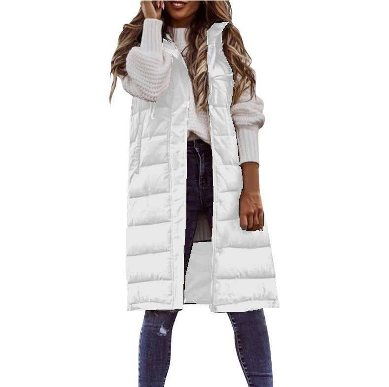 Women's Vest with Hood – Padded – Long Fit – Relaxed Cut – Snap Buttons
