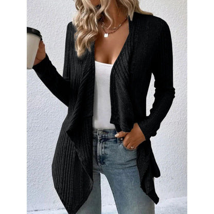 Women's Cardigan – Wool Blend – Relaxed Fit – Ribbed Knit – Open Draped Front