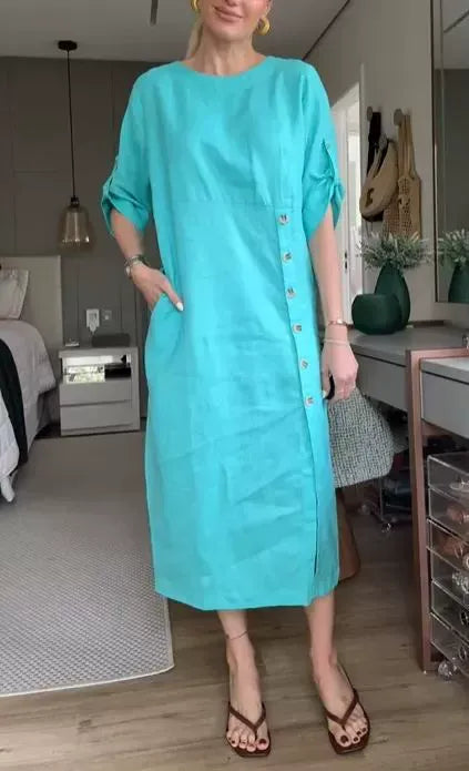 Women's Midi Dress – Relaxed Fit – Linen Cotton – Short Sleeves – Side Buttons