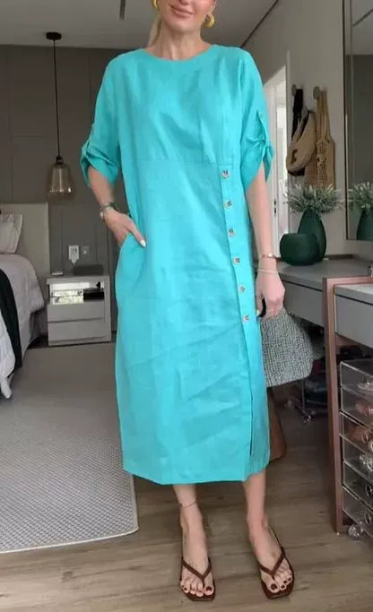 Women's Midi Dress – Relaxed Fit – Linen Cotton – Short Sleeves – Side Buttons