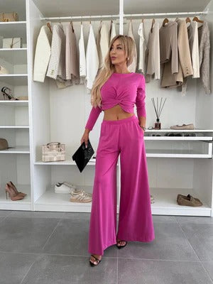 Women's Two-Piece Set – Knotted Crop Top – High Waist – Wide Pants – Light and Comfortable