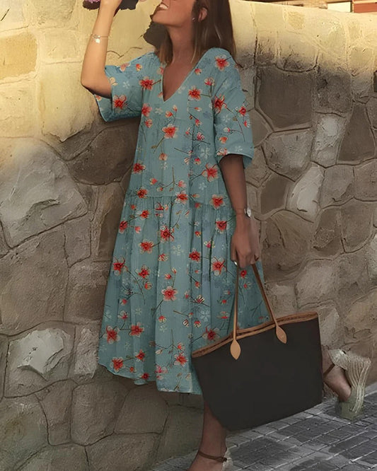 Dress woman midi – A-line fit – V-neck – Elbow-length sleeves – Floral print – Breathable fabric
