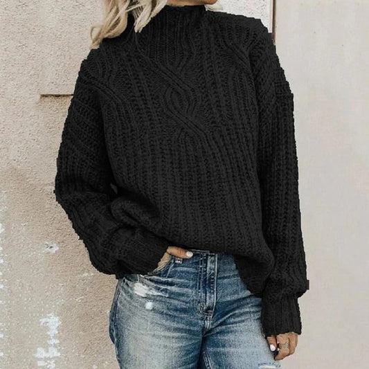 Women's Sweater – Relaxed Fit – Wool Feel – Thick Cable Knit – High Neck