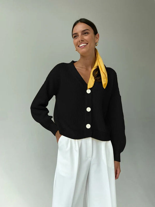 Women's Cardigan – Relaxed Fit – Rib Knit – V-Neck – Buttons – Rolled-Up Sleeves