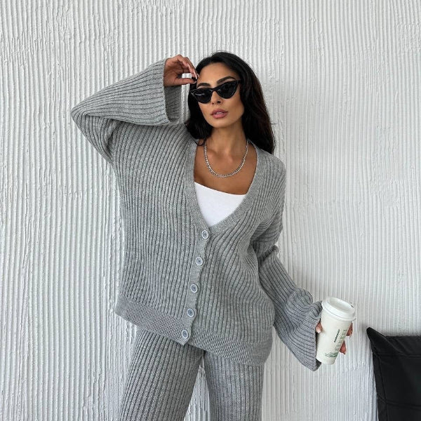 Women's Loungewear Set – Knitted Ribbed Texture – Oversized Fit – Wide Sleeves