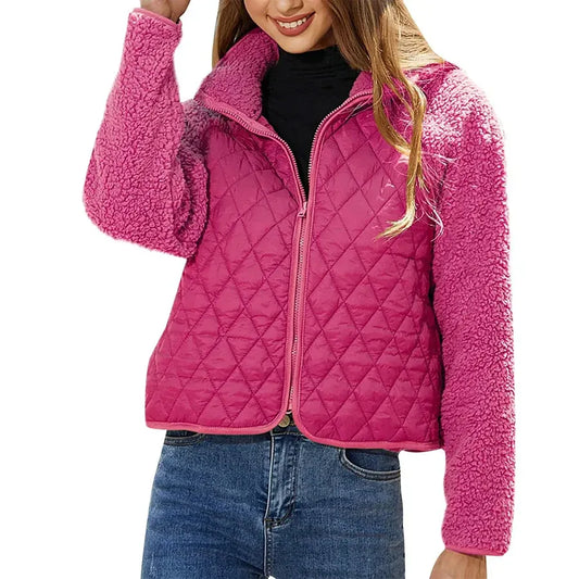 Women's Jacket – Quilted Fabric – Relaxed Fit – Fleece Collar and Sleeves – Zipper