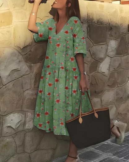 Dress woman midi – A-line fit – V-neck – Elbow-length sleeves – Floral print – Breathable fabric