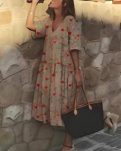 Dress woman midi – A-line fit – V-neck – Elbow-length sleeves – Floral print – Breathable fabric