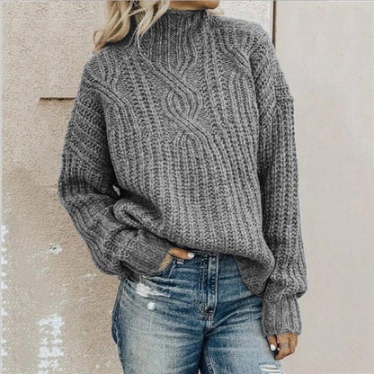 Women's Sweater – Relaxed Fit – Wool Feel – Thick Cable Knit – High Neck