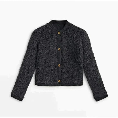 Women's Teddy Jacket – Relaxed Fit – Soft Fluffy Texture – Buttons – Round Neck