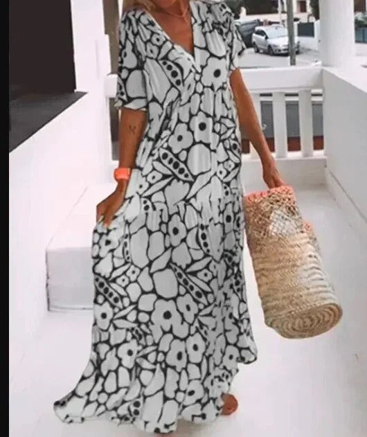 Dress for Women – A-line Fit – V-neck – Short Sleeves – Breathable Fabric – Floral Pattern