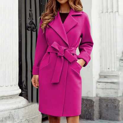 Women's Trench Coat – Tailored Fit – Wool Texture – Knee Length – Belt at Waist