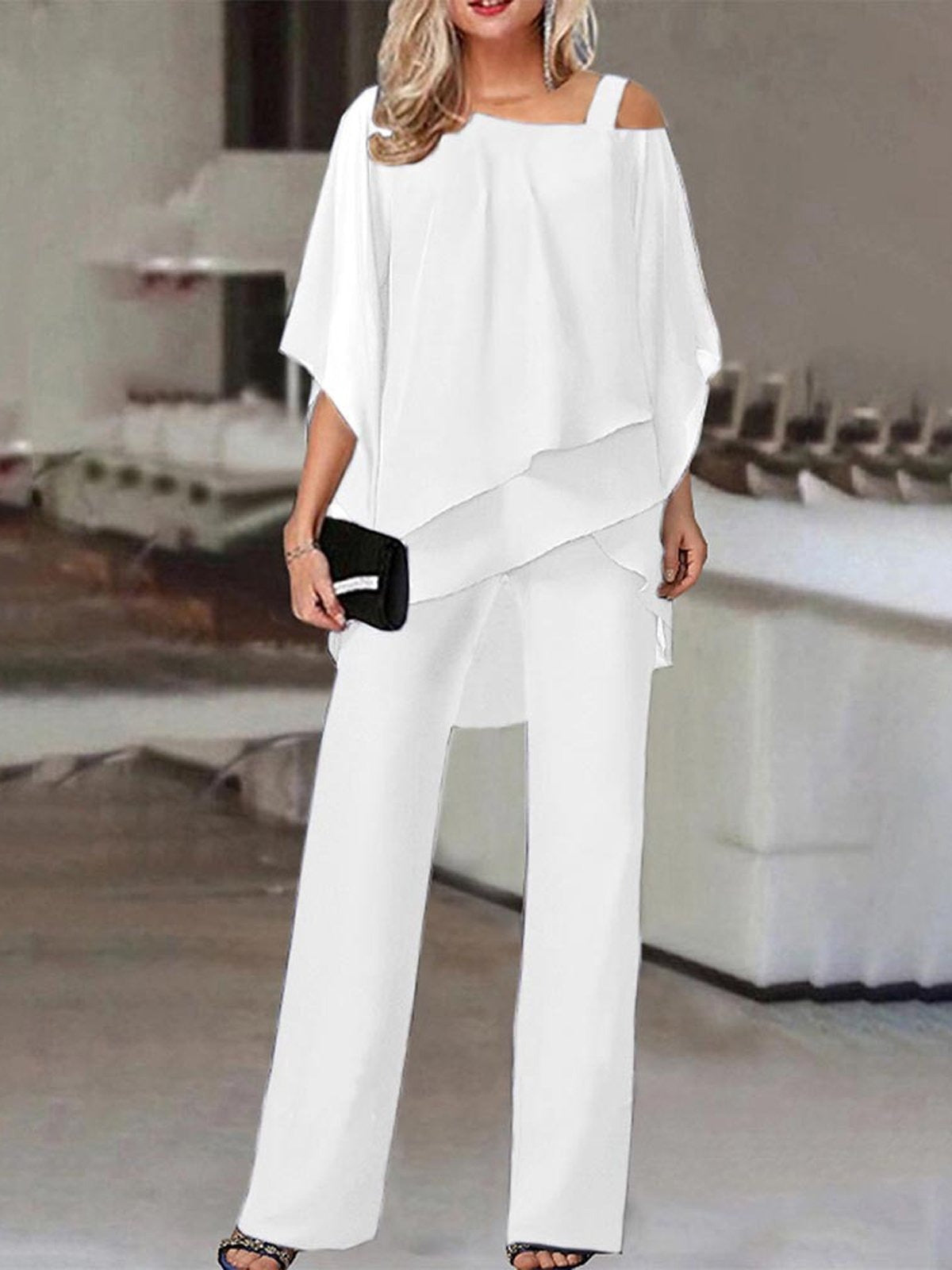 Women's Two-piece Set – Off-shoulder Top with Layered Design – Wide Full-length Pants – Breathable Fabric