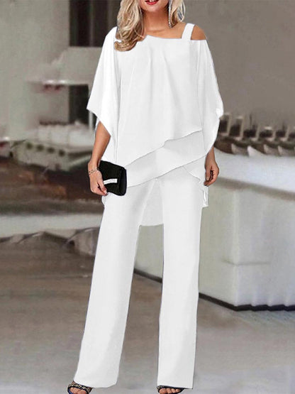 Women's Two-piece Set – Off-shoulder Top with Layered Design – Wide Full-length Pants – Breathable Fabric