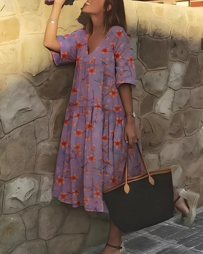 Dress woman midi – A-line fit – V-neck – Elbow-length sleeves – Floral print – Breathable fabric