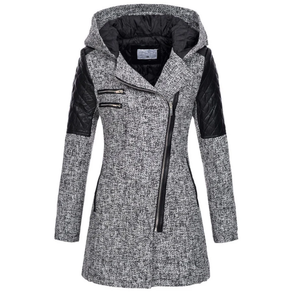 Women’s Winter Coat - Faux Leather - Tailored A-Line - Mid-Thigh Length - Hooded