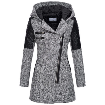 Women’s Winter Coat - Faux Leather - Tailored A-Line - Mid-Thigh Length - Hooded