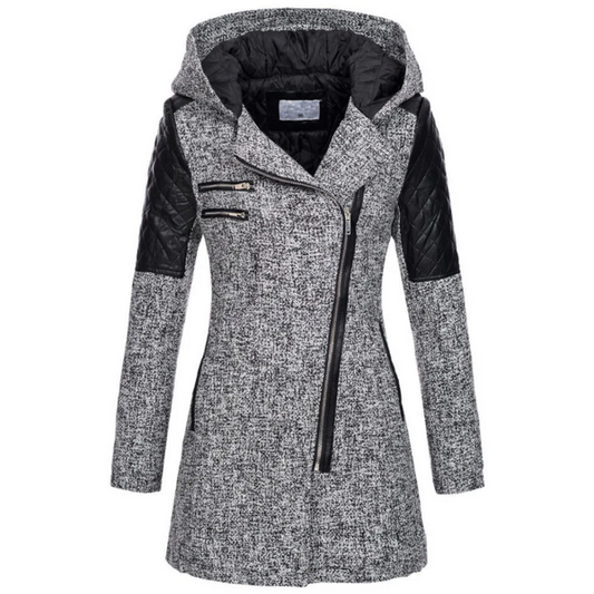 Women’s Winter Coat - Faux Leather - Tailored A-Line - Mid-Thigh Length - Hooded
