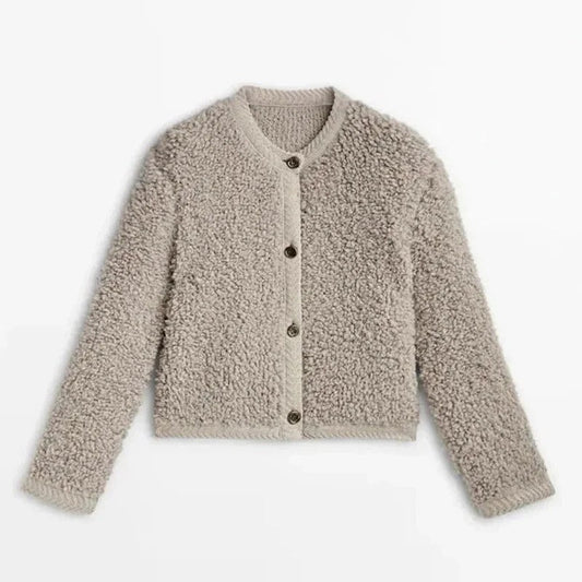 Women's Teddy Jacket – Relaxed Fit – Soft Fluffy Texture – Buttons – Round Neck