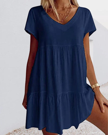 Dress for Women – A-line – Relaxed Fit – V-neck – Layered Design – Short Sleeve