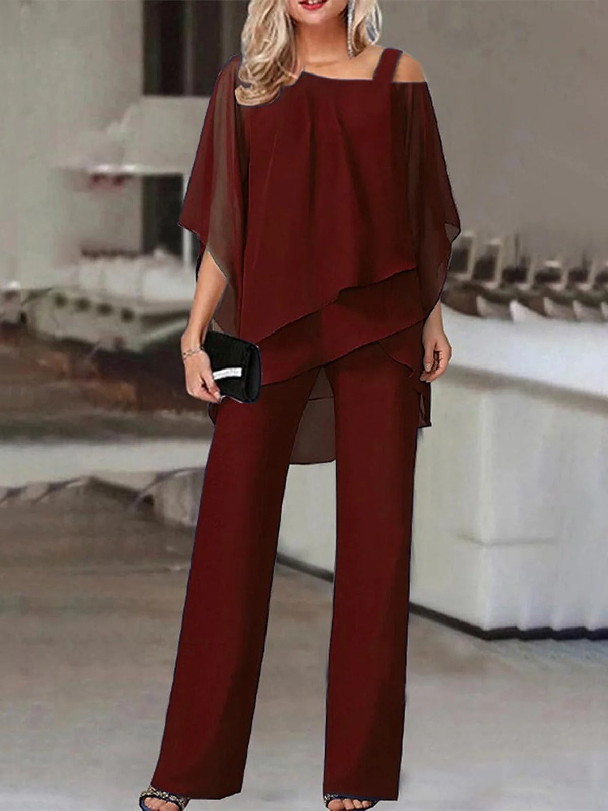 Women's Two-piece Set – Off-shoulder Top with Layered Design – Wide Full-length Pants – Breathable Fabric