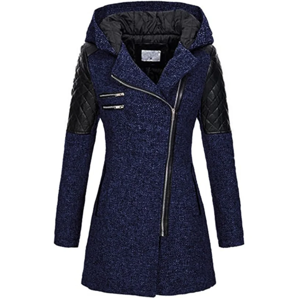 Women’s Winter Coat - Faux Leather - Tailored A-Line - Mid-Thigh Length - Hooded