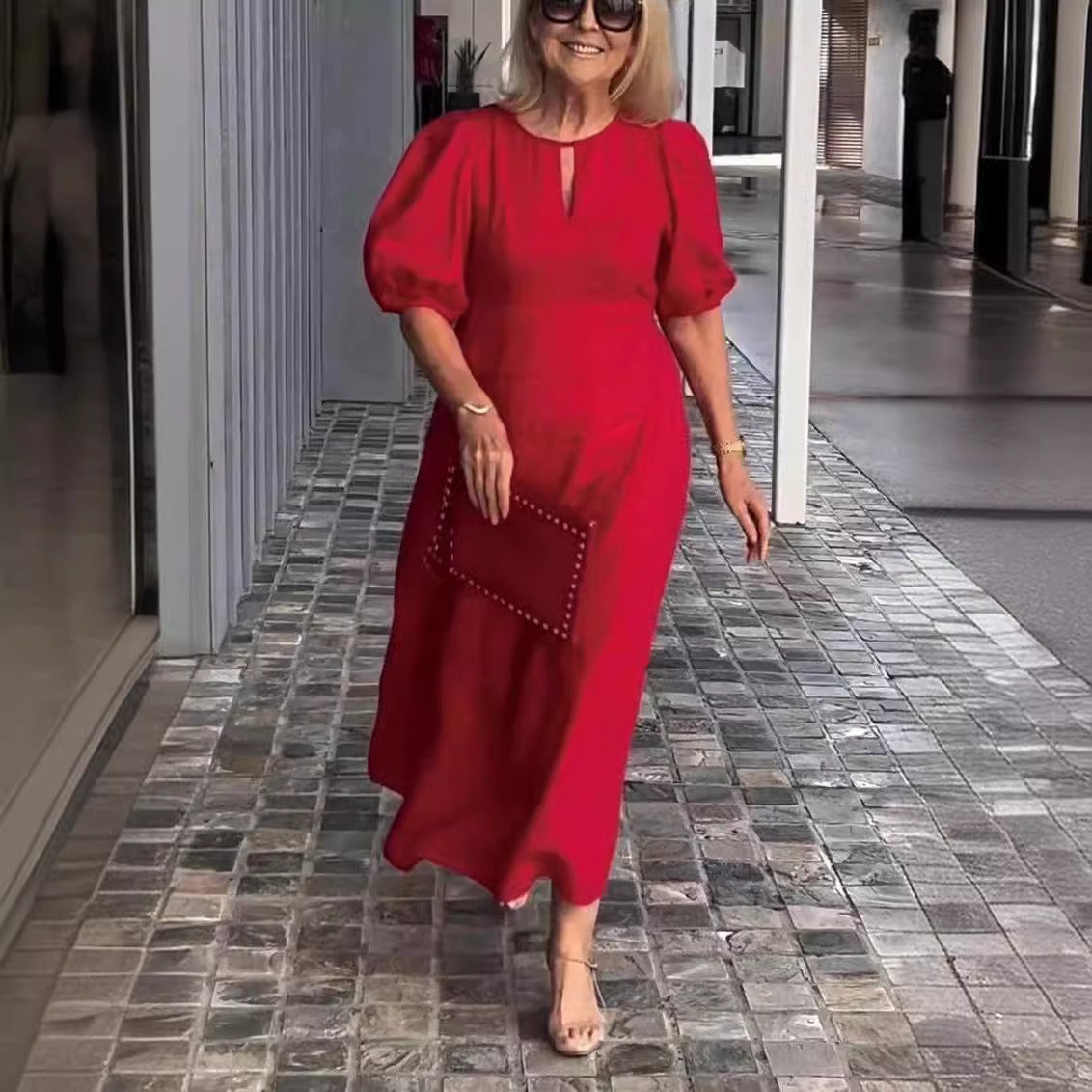 Dress women midi – relaxed fit – cotton – round neck – puff sleeves casual style