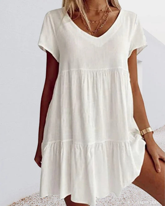 Dress for Women – A-line – Relaxed Fit – V-neck – Layered Design – Short Sleeve