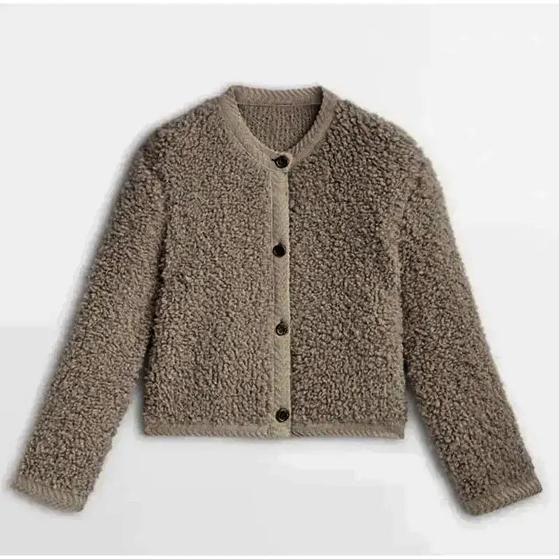 Women's Teddy Jacket – Relaxed Fit – Soft Fluffy Texture – Buttons – Round Neck