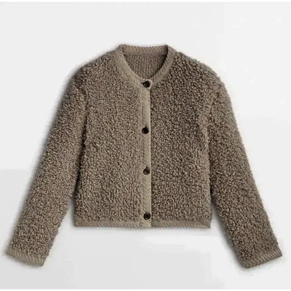 Women's Teddy Jacket – Relaxed Fit – Soft Fluffy Texture – Buttons – Round Neck