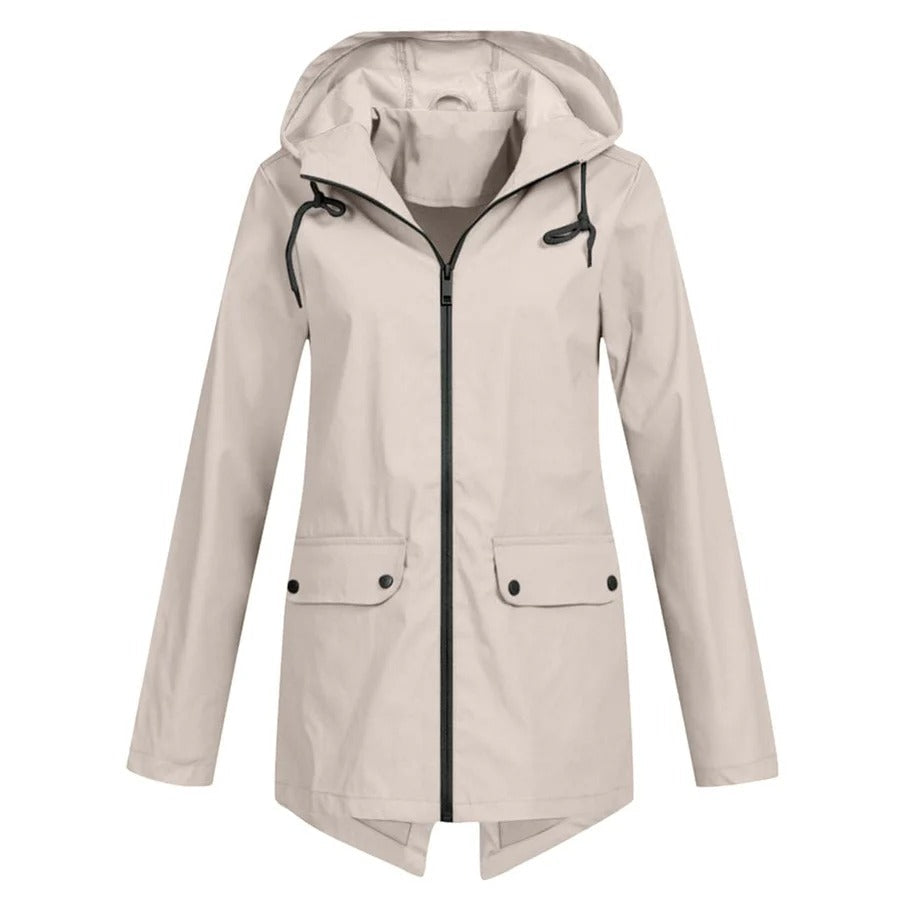 Women's Rain Jacket – Relaxed Fit – Hood – Water-Repellent – Mid-Length – Zipper and Pockets