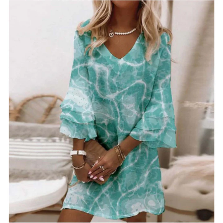 Women's Mini Dress – Relaxed Fit – V-neck – Three-quarter Sleeve – Breathable Fabric