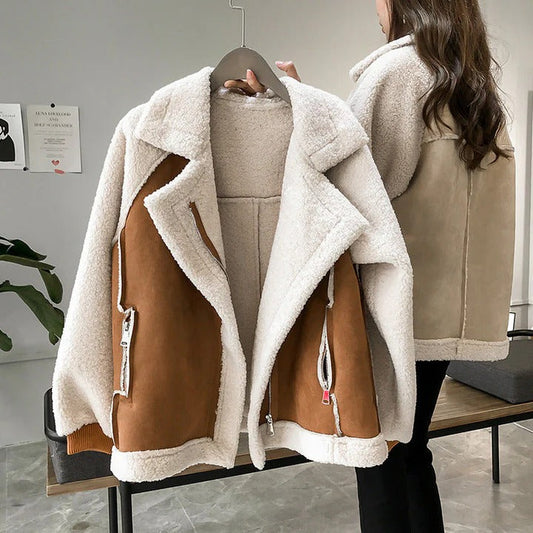 Women's Coat – Oversized Fit – Faux Fur – Notch Lapel – Zipper Details