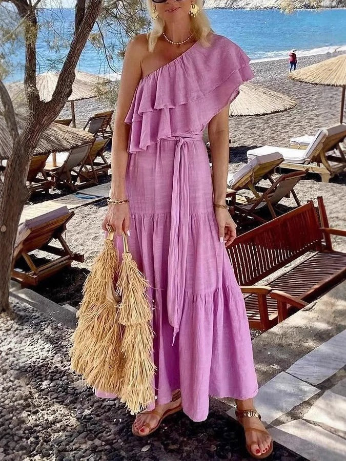 Women's Maxi Dress – One Shoulder – Ruffle Details – Tiered Skirt – Airy Cotton – Loose Fit