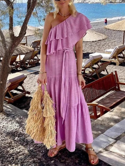 Women's Maxi Dress – One Shoulder – Ruffle Details – Tiered Skirt – Airy Cotton – Loose Fit