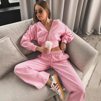 Women's Loungewear Set – Zip-Up Hoodie – Wide Pants – Soft Cotton Blend