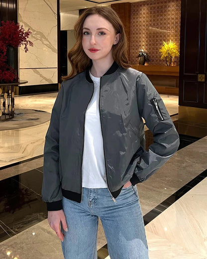 Women's Bomber Jacket – Relaxed Fit – Smooth Water-Repellent Fabric – Zipper Closure